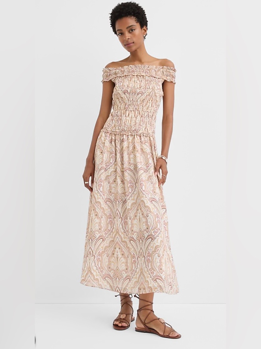 LOFT Off-Shoulder Beige Paisley Summer Dress